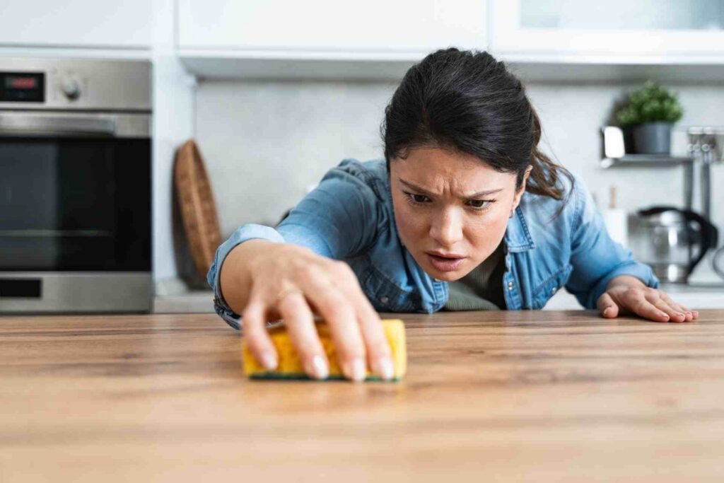 Woman intensely scrubbing a kitchen table, representing compulsive cleaning behaviors associated with OCD.